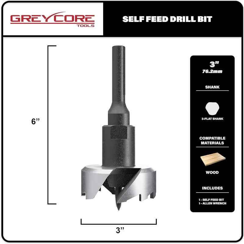 Greycore Tools Self-Feed Drill Bit – 2-Cutter Self Feed Drill 3-inch – Professional Boring Drill Bits for Woodworking – Aggressive Feed Screw Thread for Fast and Smooth Drilling - Image 2